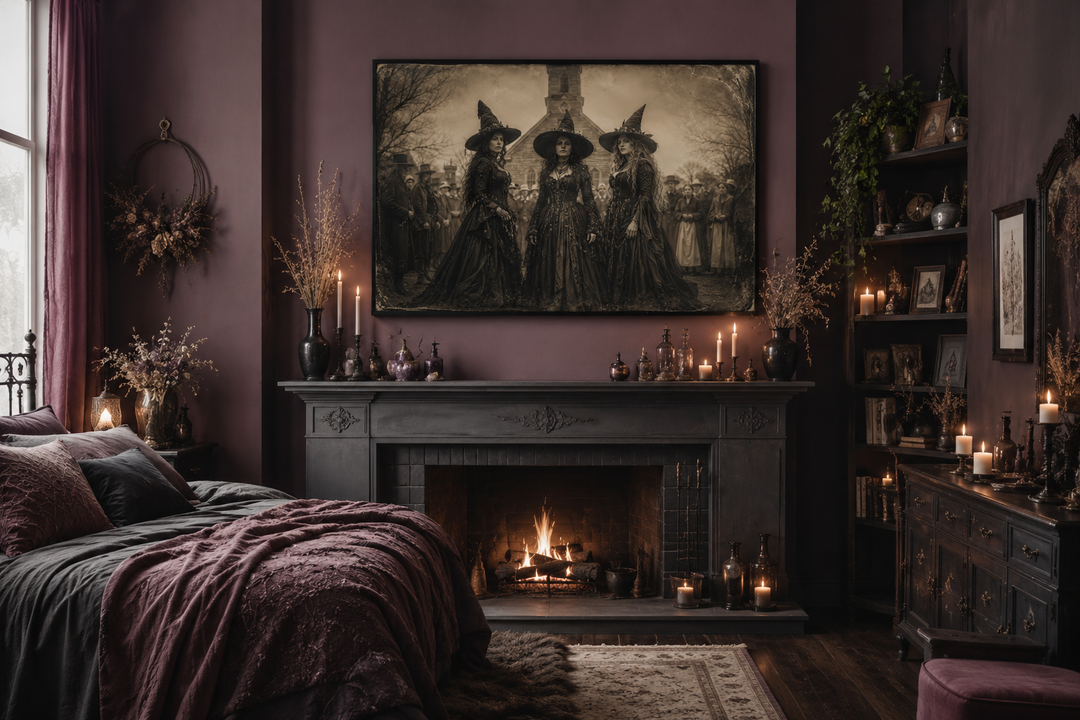 Vintage photography style canvas print of three witches in Salem hanging above a fireplace.