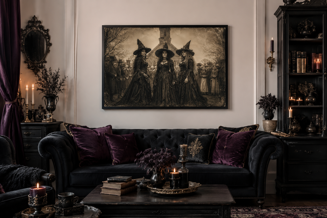 Three Witches in Salem vintage photography style canvas wall art hanging above a black sofa.