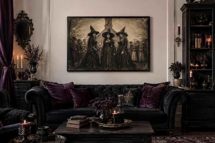 Three Witches in Salem vintage photography style canvas wall art hanging above a black sofa.