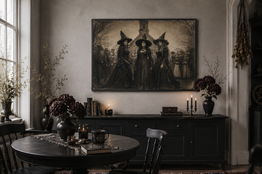 Three Witches in Salem vintage photography style canvas wall art hanging in a gothic dining room.