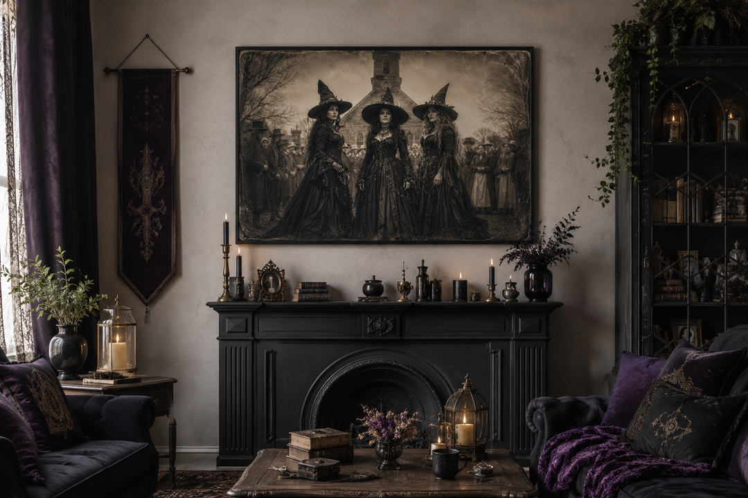 Vintage photography style canvas art of three witches in Salem hanging above a black fireplace.
