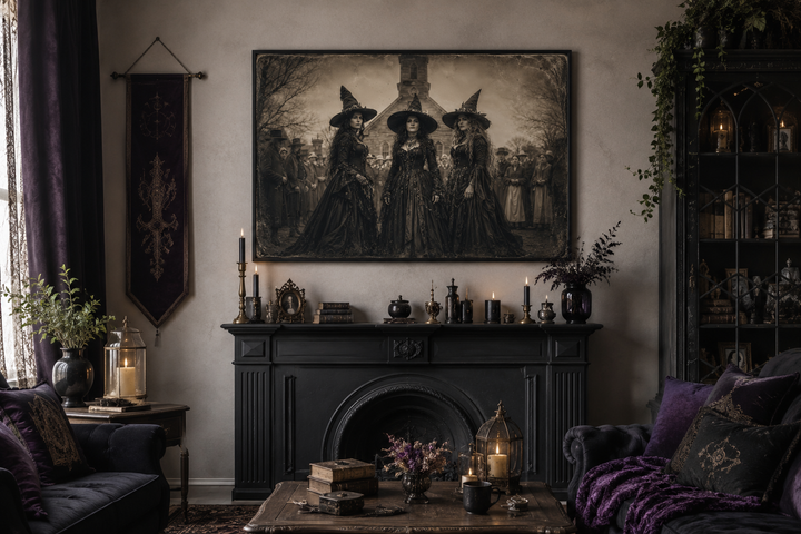 Vintage photography style canvas art of three witches in Salem hanging above a black fireplace.