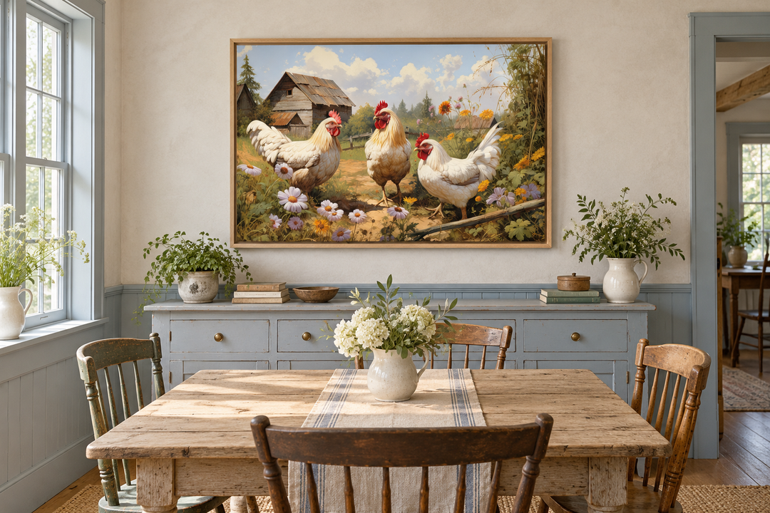 Three Chickens On the Farm canvas print in an oak frame above a blue sideboard in a rustic kitchen.