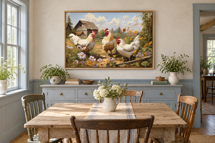 Three Chickens On the Farm canvas print in an oak frame above a blue sideboard in a rustic kitchen.