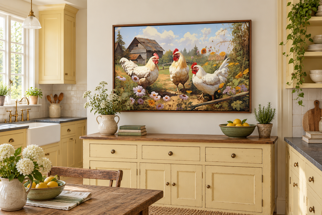 Three Chickens On the Farm canvas print in a walnut frame hanging in a yellow farmhouse kitchen.