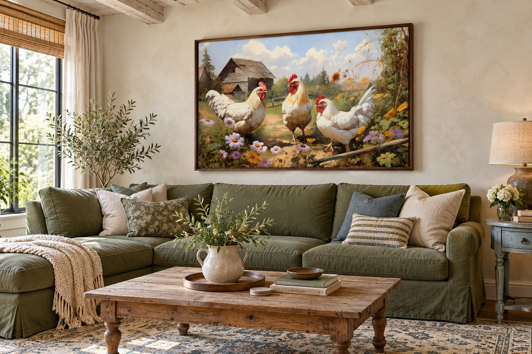 Three chickens on the farm canvas wall art in a walnut frame above a green sofa in a living room.