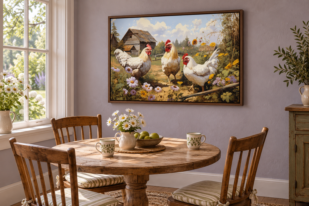 Three chickens on the farm canvas print in a walnut frame above a rustic wooden dining table.