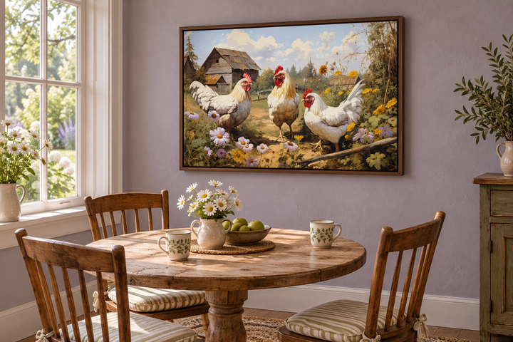 Three chickens on the farm canvas print in a walnut frame above a rustic wooden dining table.