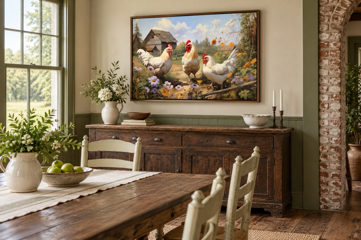 Three chickens on the farm canvas wall art in a walnut frame above a rustic wooden sideboard.