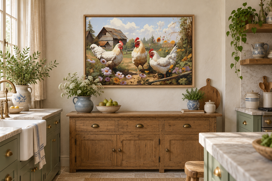 Three chickens in a floral meadow painting in a wooden frame above a rustic kitchen sideboard.