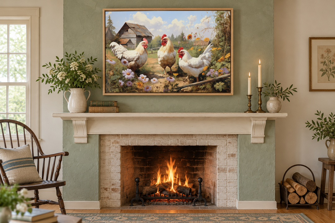 Three Chickens On the Farm wall art in an oak frame above a fireplace mantel in a farmhouse room.