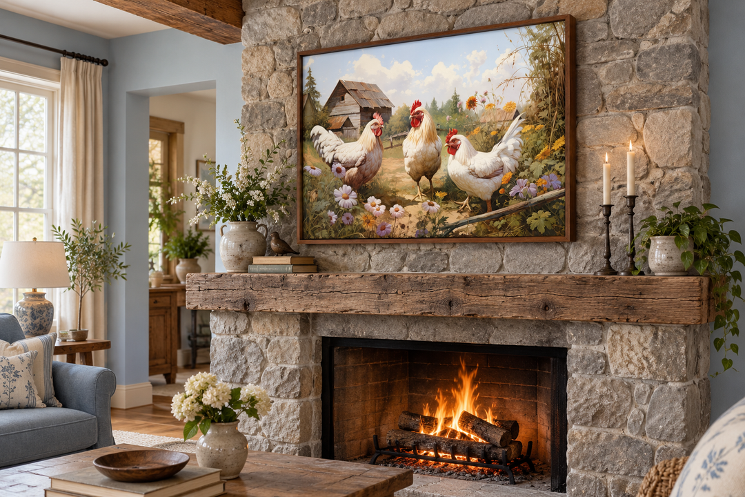 Three Chickens On the Farm wall art in a walnut frame above a stone fireplace mantel.