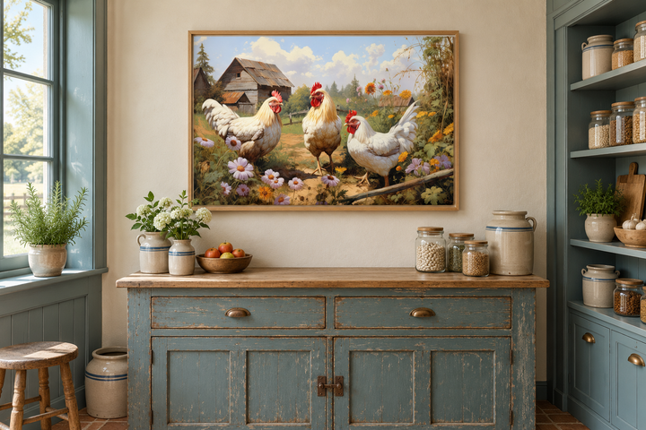 Framed canvas print of three chickens in a flowery meadow, hung in a rustic farmhouse kitchen.
