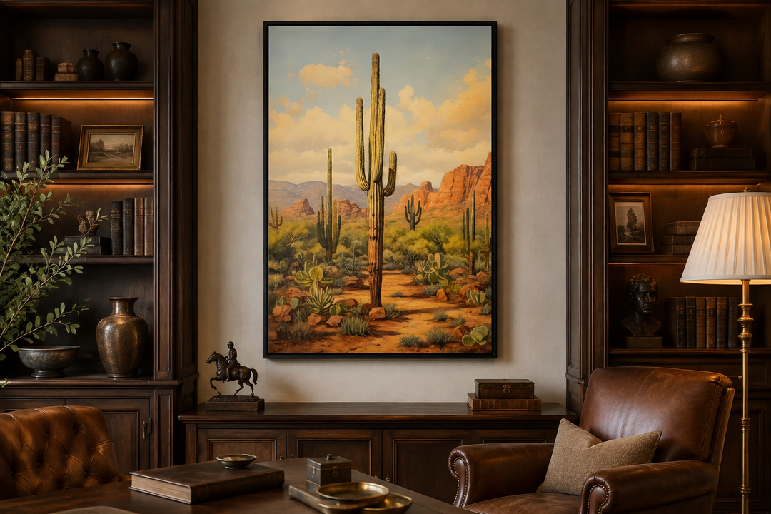 Saguaro Cactus in Arizona Desert framed canvas wall art displayed in a classic study room.