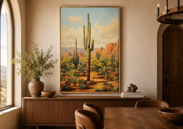 Saguaro Cactus in Arizona Desert Framed Canvas Wall Art hanging above a wooden sideboard.