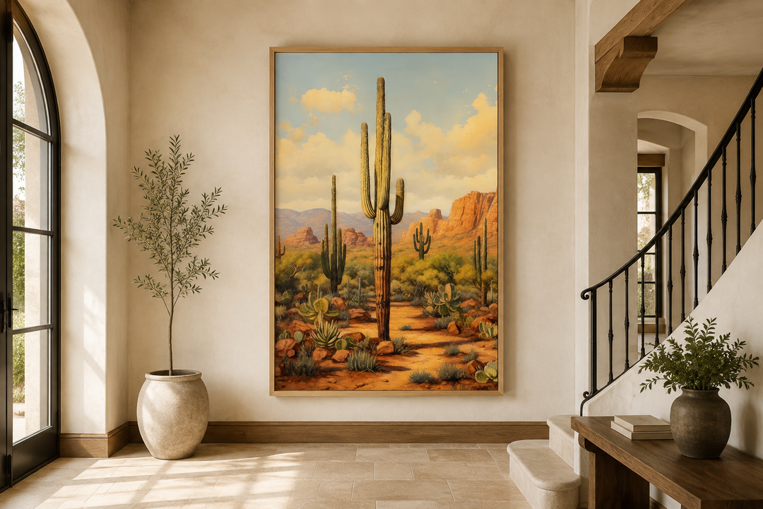 Vertical framed canvas wall art of a Saguaro cactus in an Arizona desert landscape at sunset.