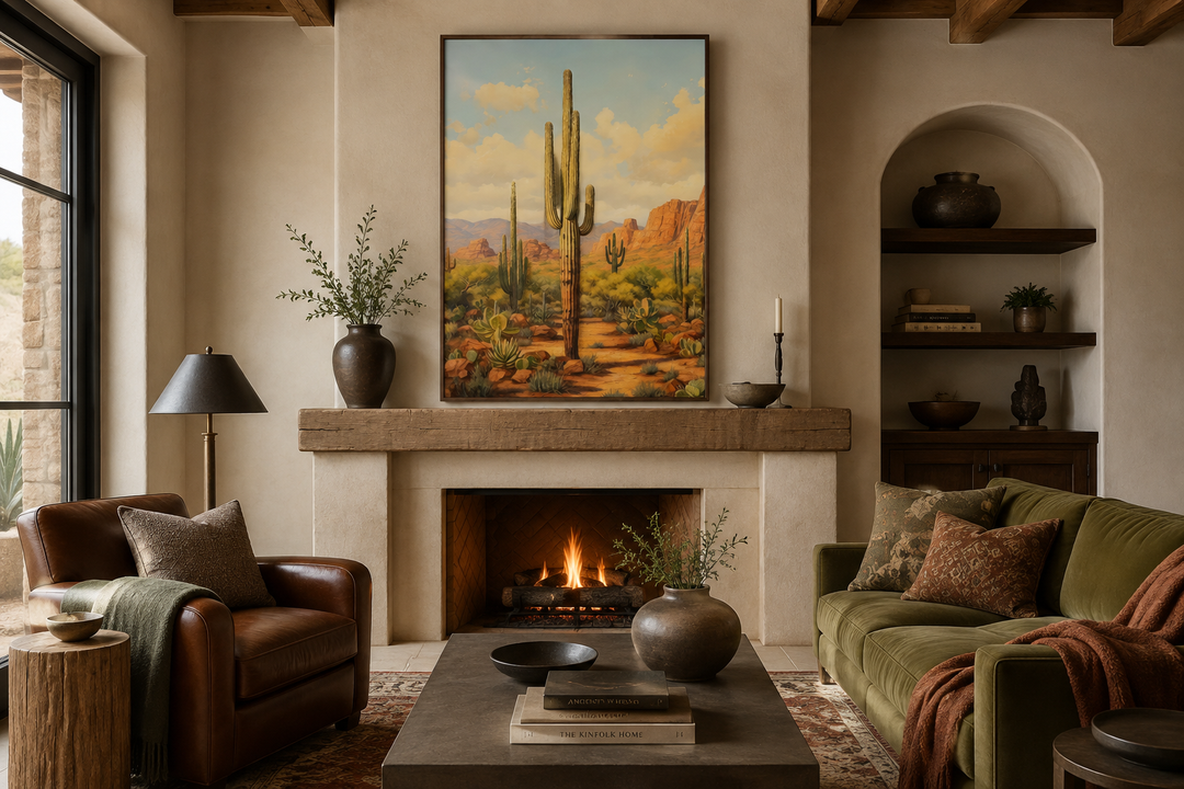 Framed canvas wall art of a Saguaro cactus in an Arizona desert landscape above a fireplace.