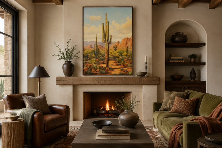 Framed canvas wall art of a Saguaro cactus in an Arizona desert landscape above a fireplace.