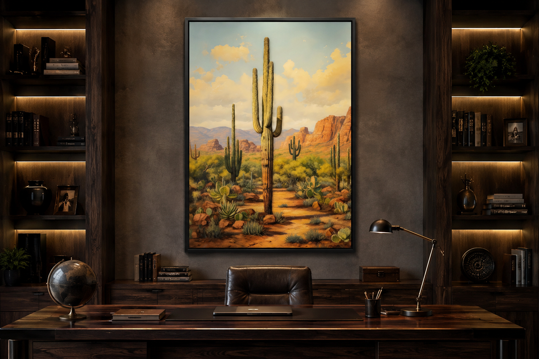 Saguaro cactus framed canvas wall art hanging above a dark wood desk in a home office.