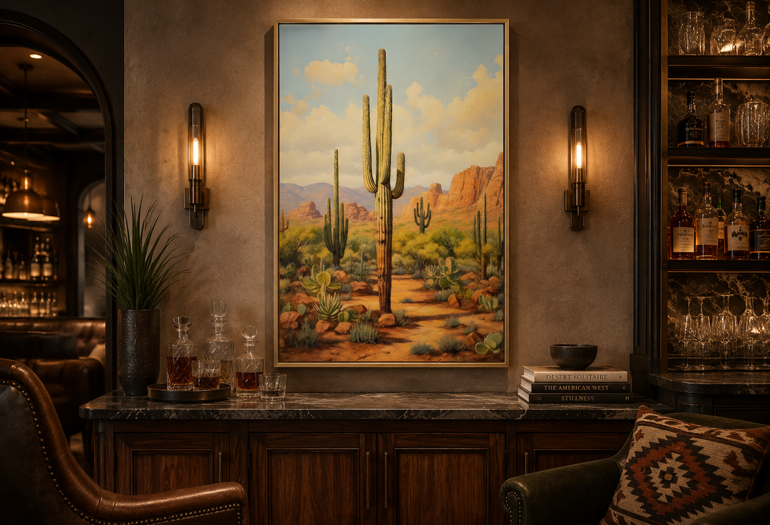 Saguaro Cactus in Arizona Desert Framed Canvas Wall Art hanging in a rustic home bar setting.