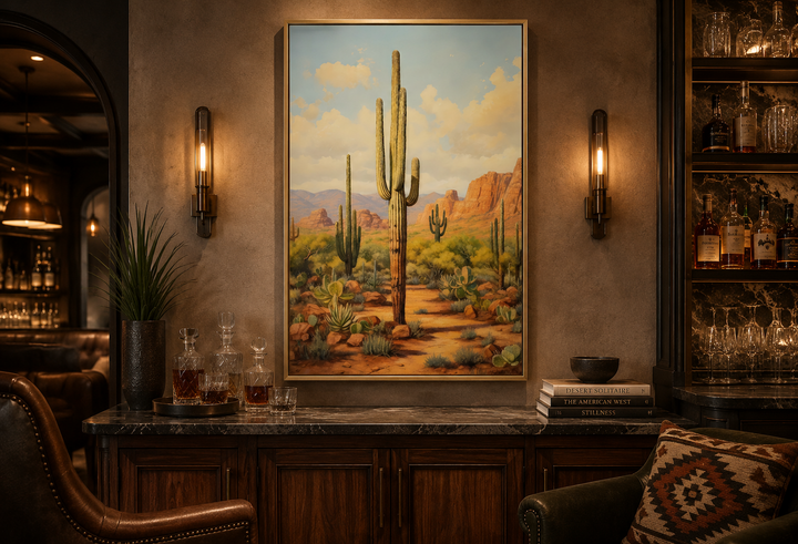 Saguaro Cactus in Arizona Desert Framed Canvas Wall Art hanging in a rustic home bar setting.