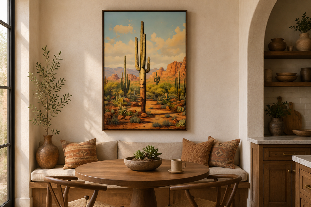 Saguaro cactus in Arizona desert framed canvas wall art hanging above a dining nook.