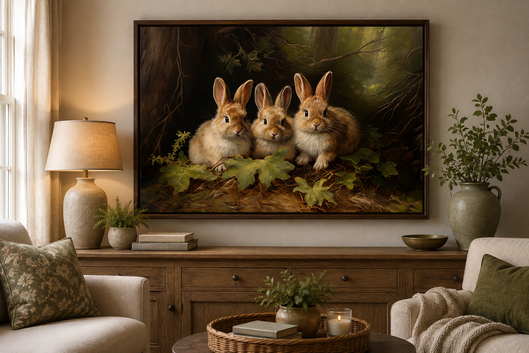 Three cute bunnies in a forest framed canvas wall art hanging above a wooden sideboard.