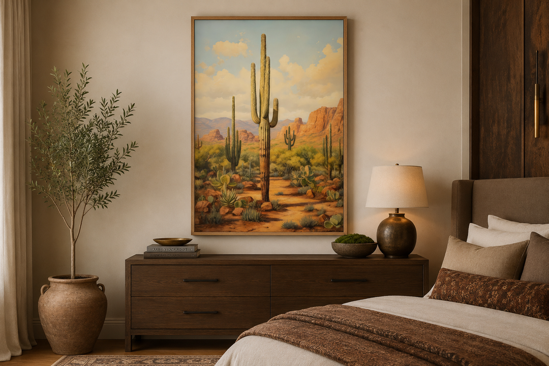 Saguaro cactus in Arizona desert framed canvas wall art hanging above a wooden dresser in a bedroom.