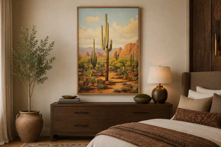 Saguaro cactus in Arizona desert framed canvas wall art hanging above a wooden dresser in a bedroom.