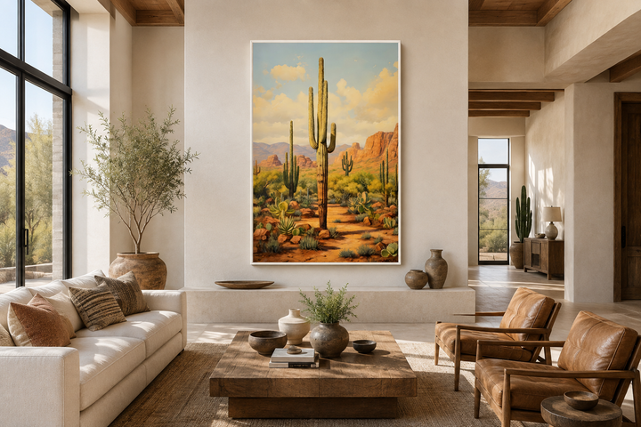 Saguaro Cactus in Arizona Desert framed canvas wall art in a modern rustic living room.