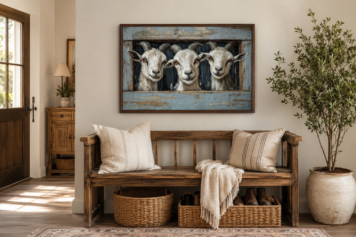 Three funny goats looking through a faux wooden window canvas wall art in a rustic entryway.