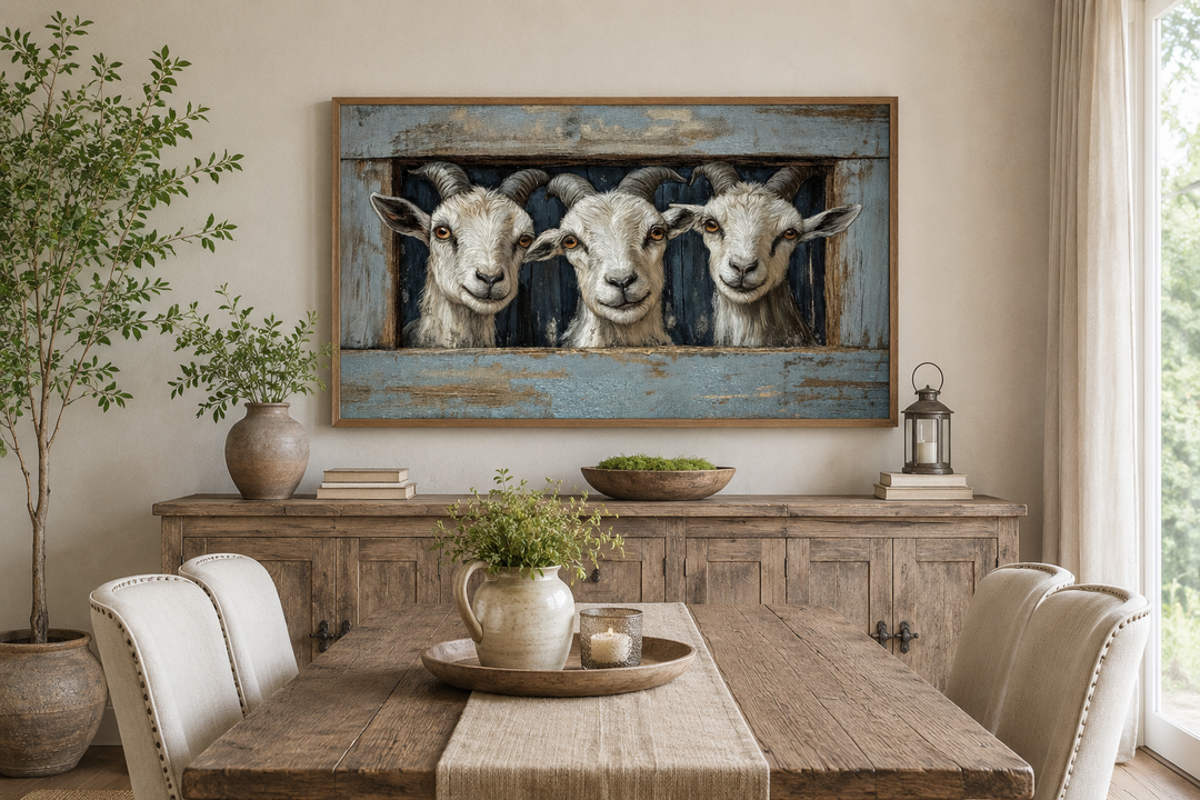 Three funny goats looking through a faux wooden window canvas wall art in a rustic dining room.
