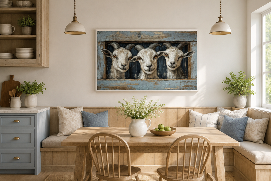 Three funny goats peeking through a faux wooden window canvas art in a rustic farmhouse kitchen.