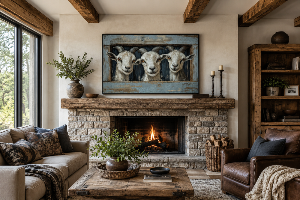 Three funny goats looking through a fake wooden window canvas wall art above a stone fireplace.
