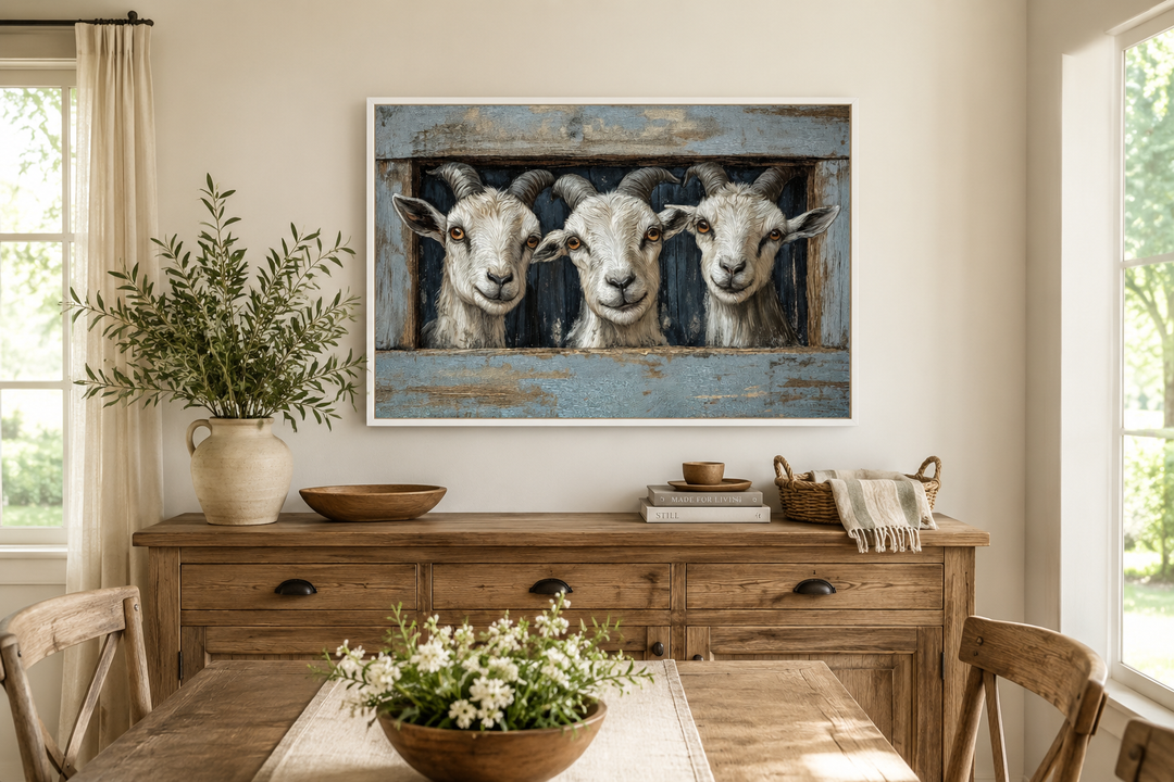 Three funny goats peeking through a faux wooden window canvas wall art in a rustic dining room.