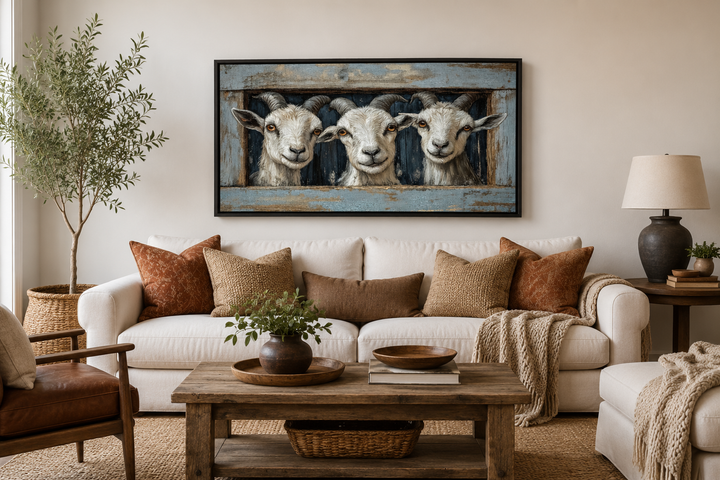 Three funny goats looking through a faux wooden window canvas wall art above a white sofa.