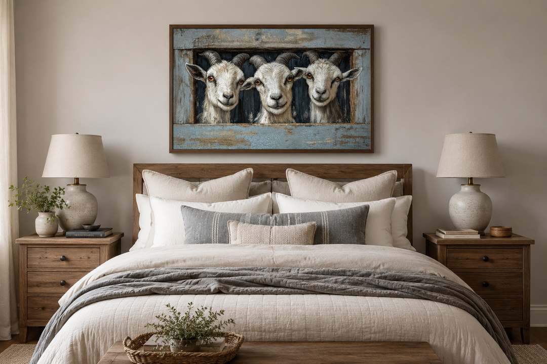Three funny goats looking through a faux wooden window canvas wall art above a bed.