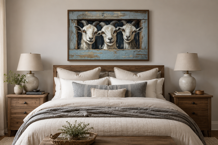 Three funny goats looking through a faux wooden window canvas wall art above a bed.