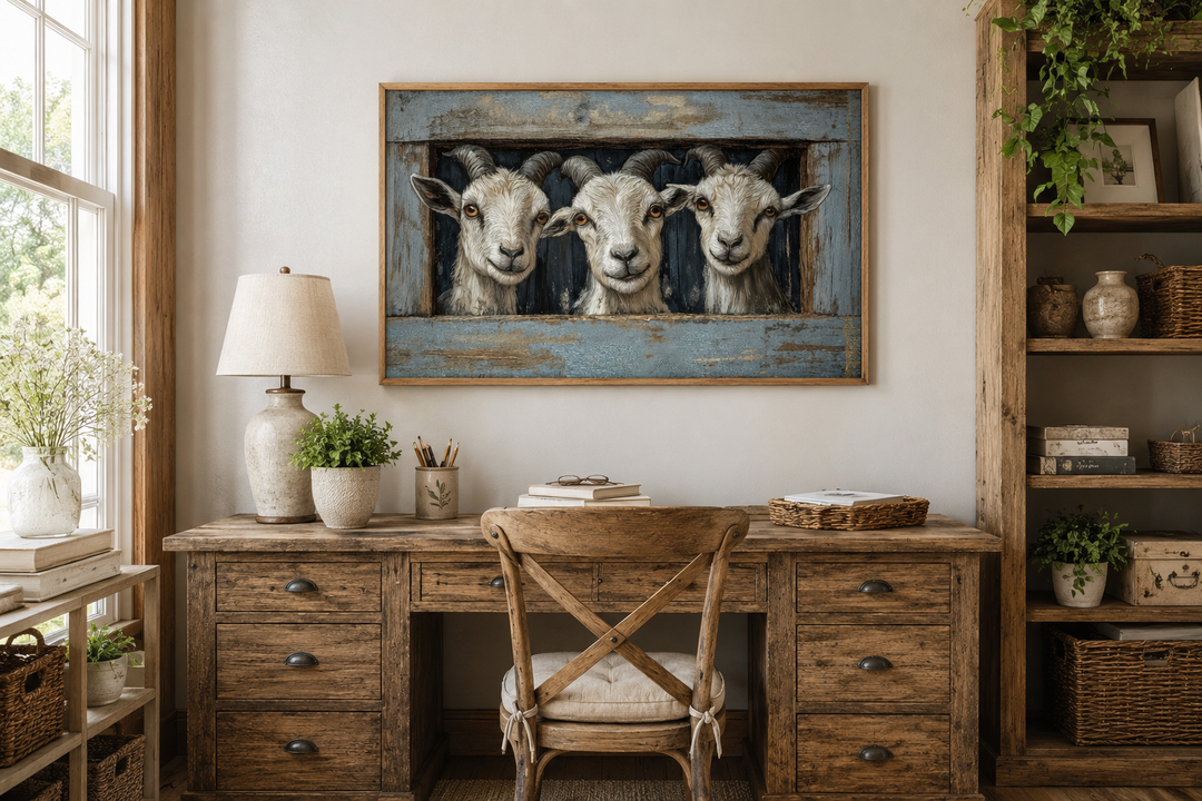 Three funny goats looking through a faux wooden window canvas wall art in a rustic office setting.