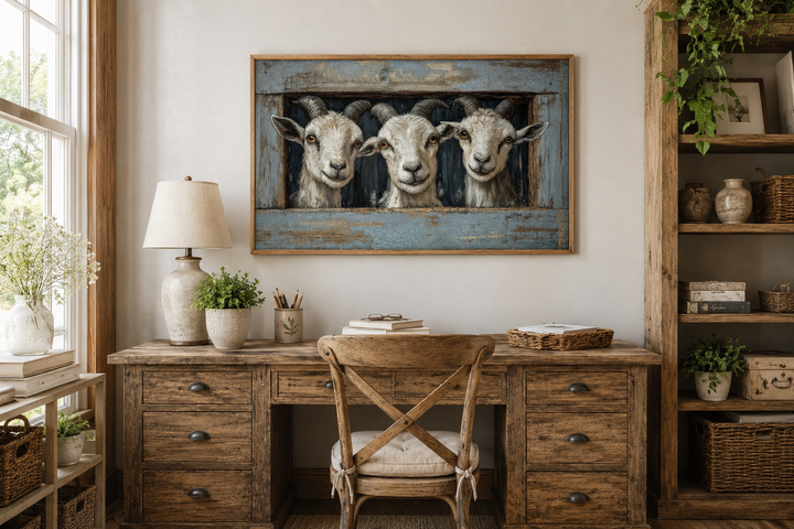 Three funny goats looking through a faux wooden window canvas wall art in a rustic office setting.