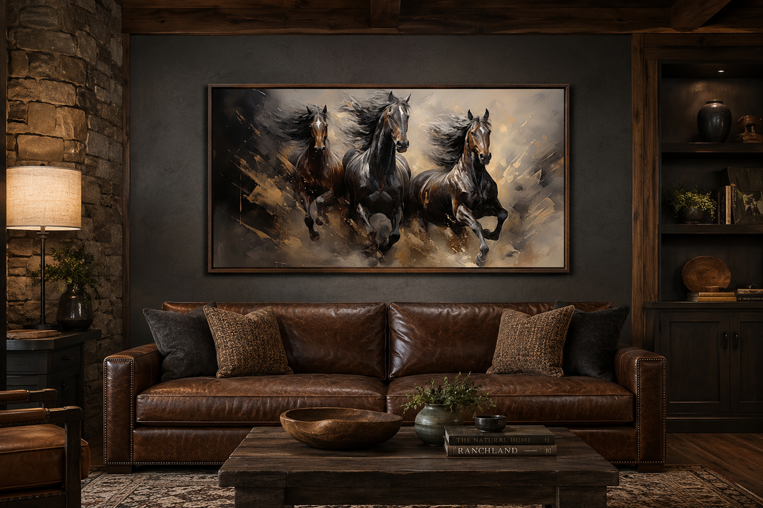 Three horses running extra large canvas wall art framed above a brown leather sofa in a rustic room.