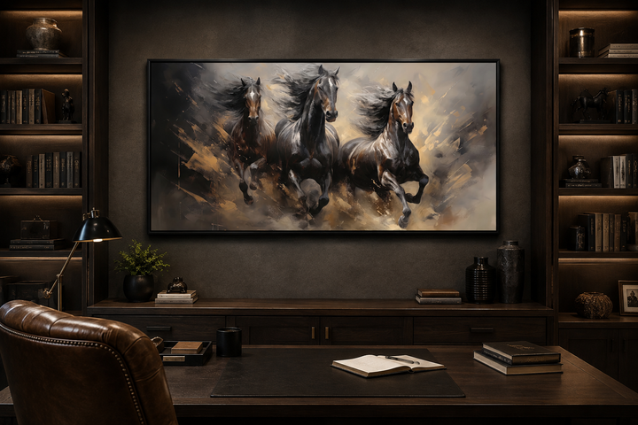 Extra large canvas wall art of three brown horses running, framed above a dark wood office desk.