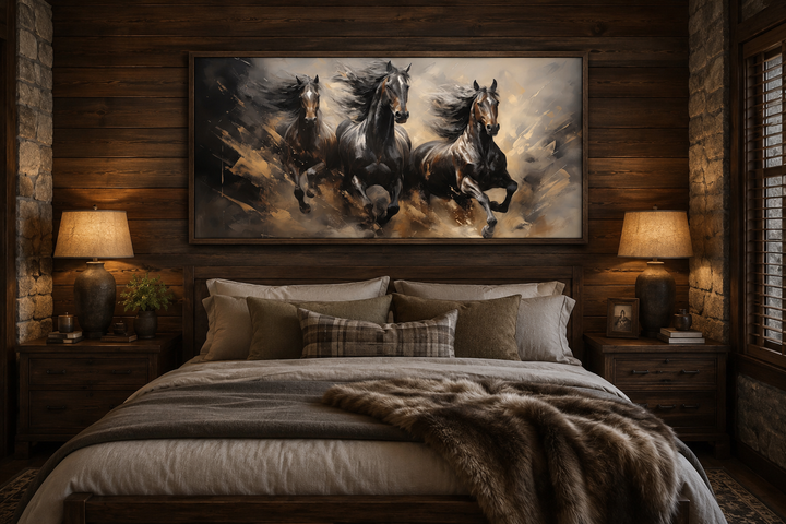 Extra large canvas wall art of three brown horses galloping, framed above a bed in a rustic room.