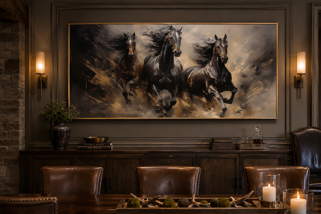 Extra large canvas wall art of three brown horses running, framed above a dark wood sideboard.