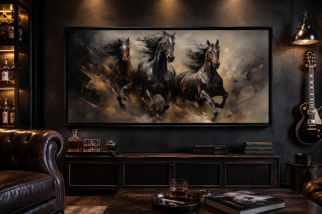Extra large canvas wall art of three brown horses galloping against a textured, earthy backdrop.