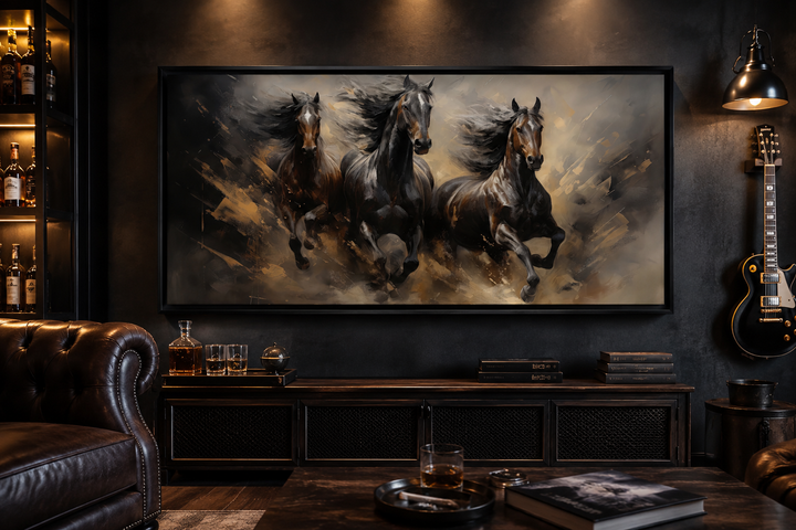 Extra large canvas wall art of three brown horses galloping against a textured, earthy backdrop.