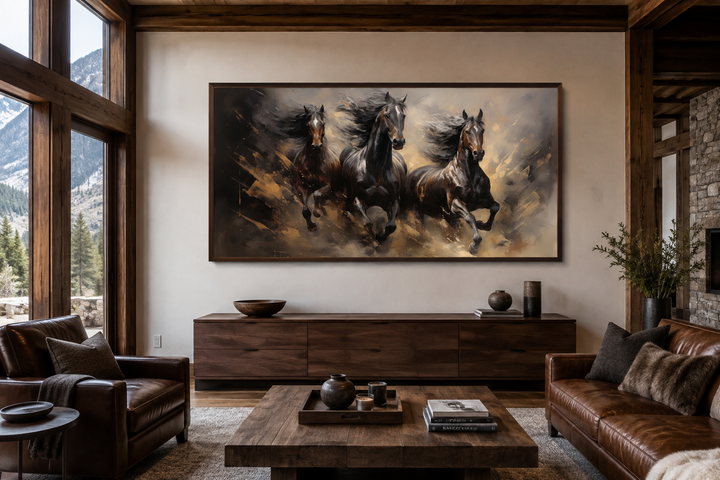 Extra large canvas wall art of three brown horses running, framed above a wooden sideboard.