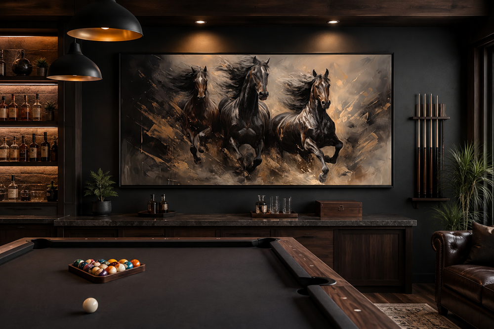 Extra large canvas wall art of three brown horses galloping in a dark, rustic man cave setting.