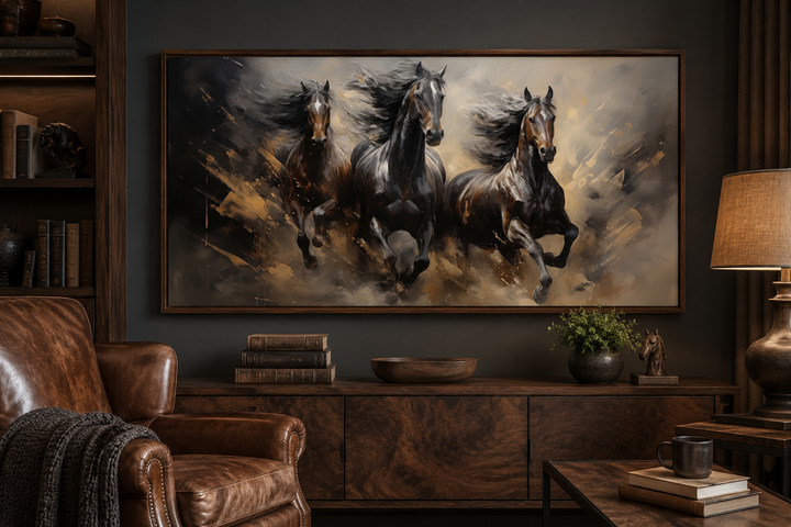 Extra large canvas wall art of three brown horses galloping in a rustic, textured style.