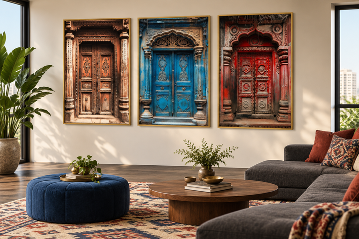 Set of three framed canvas prints featuring colorful, intricately carved traditional Indian doors.